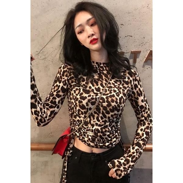 

2021 spring new retro joker leopard cord thin print long sweater female bottom shirt zbdv, White