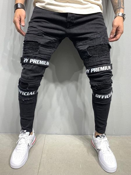 

black distressed double banding street style denim jeans q0105, Black;white