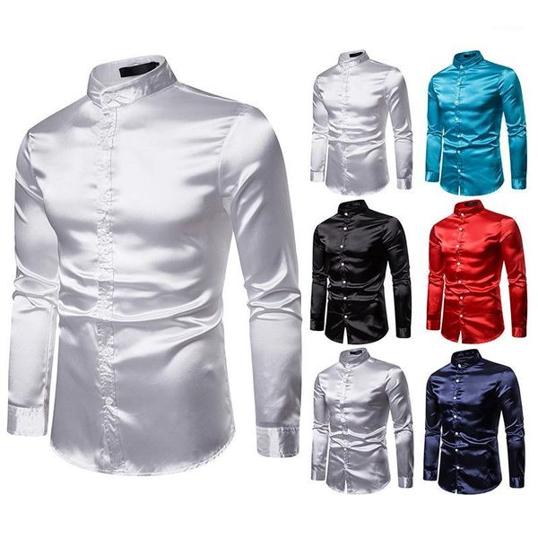 

brand pure color shirt men 2019 fashion stand collar long sleeve glossy casual shirts high grade silky business dress shirt1, White;black