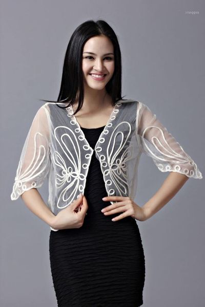 

vintage white crochet lace mesh cardigan femme half sleeve v collar gauze embroidery floral short shrug sunscreen thin jacket1, White;black