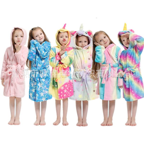 

autumn new spring cartoon unicorn tianma children's bathrobe hooded flannel pajamas, Blue;red