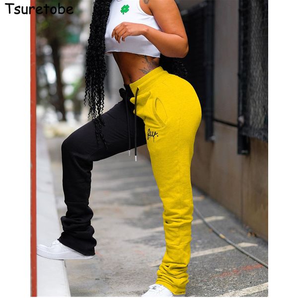 

tsuretobe stacked sweatpants women streetwear joggers patchwork colored pants embroidery high waist pants casual trousers female lj201130, Black;white
