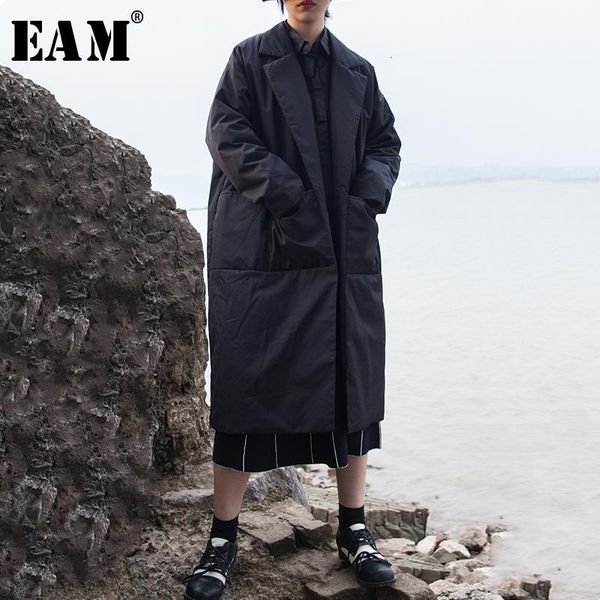 

eam] pocket split big size cotton-padded coat long sleeve loose fit women parkas fashion tide new autumn winter 2019 19a-a3411, Black