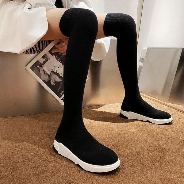 

2020 women stretch sock long tight high boots chunky platform fetish over the knee boots stripper winter comfortable gray shoes1, Black