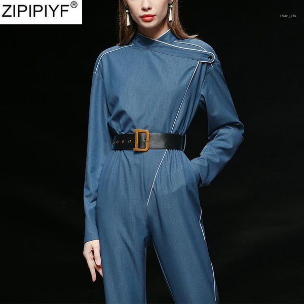 

2020 caltwalk patchwork long sleeve o-neck pullover jumsuits spring streetwear women sashes high waist straight long rompers1, Black;white