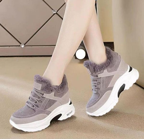 

2020 winter warm platform woman snow boots plush thick high heels female casual sneakers suede leather female snowboots zapatos, Black