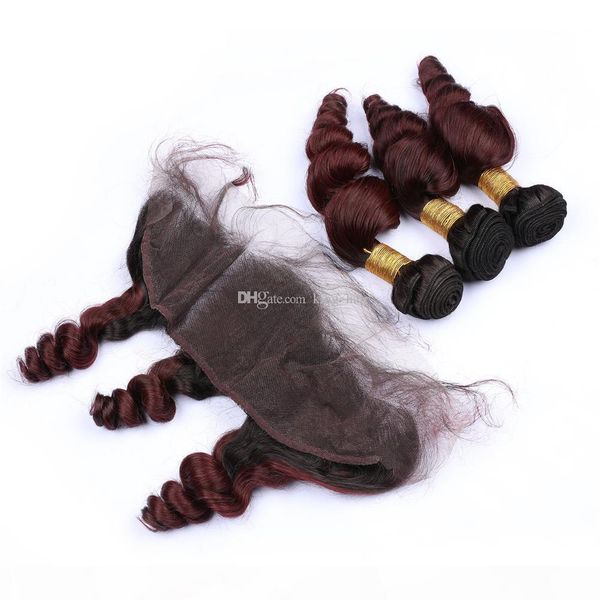

ombre brazilian hair bundles with frontal closure dark root loose wave ombre hair bundles with closure #1b 99j, Black;brown