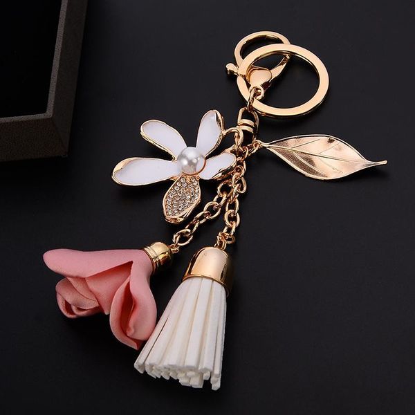 

new pu leather tassel keychain for women crystal flower keyring bag charm for keys porte cle llavero sleutelhanger ch977 h qylsdw