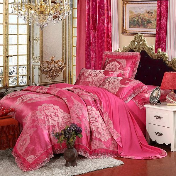 

new design boutique real silk jacquard 4pcs beding sets lace hem home decoration textile wedding bedding sets comforter set