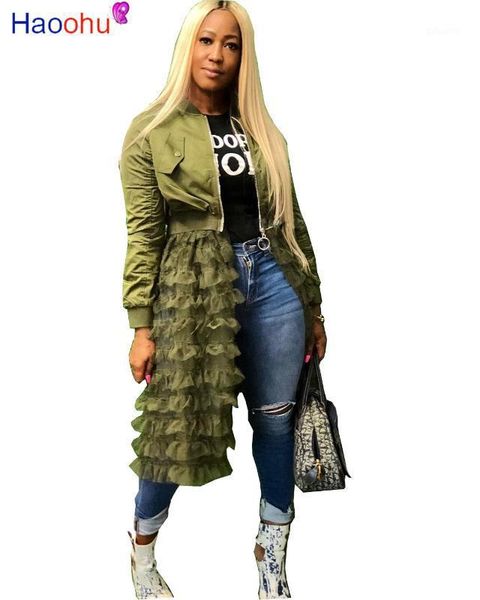 

women winter long sleeve cascading ruffles lace patchwork zipper open big swing long trench high street coat night1, Tan;black