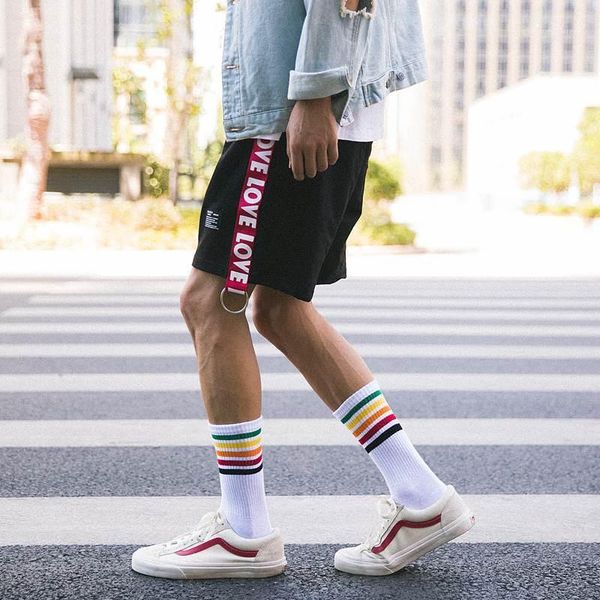 

new men's medium tube socks cotton rainbow striped skateboard sports socks leisure basketball 3-color men's1, Black