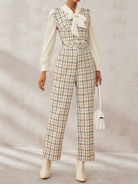 

plaid pattern raw trim tweed tank & pants without blouse v8ft#, White