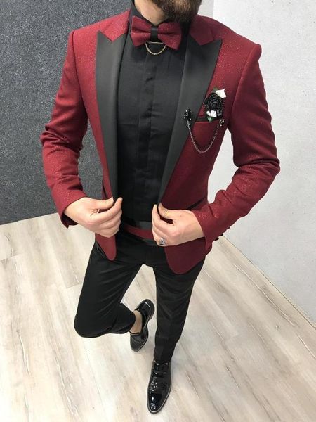 

dark red shiny mens suits formal wedding tuxedos groomsmen bride men dinner suits leisure blazers outfits sets (jackets+pants)1, White;black