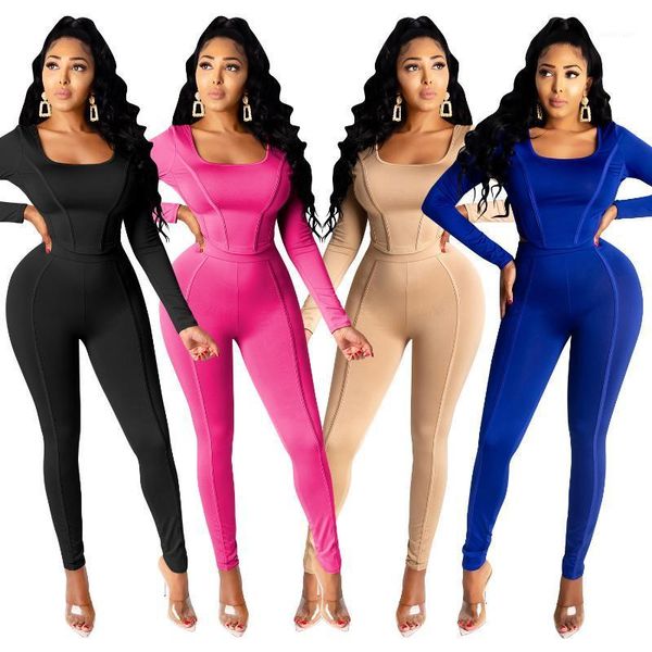 

women's tracksuits haoohu 2021 women's sets sportwear fashion trends casual solid long sleeve o-neck tight slim pants 2-pc sets1, Gray