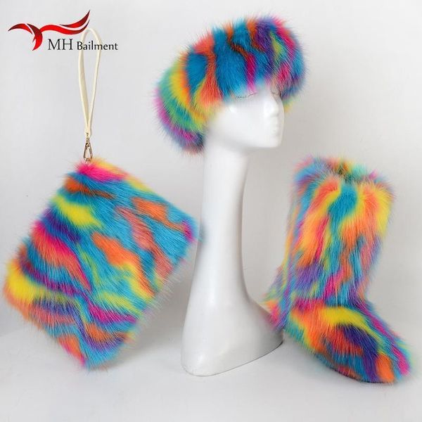 

boots winter imitation fur mid-tube snow ladies furry warm headband clutch bag set fashion three-piece set1, Black