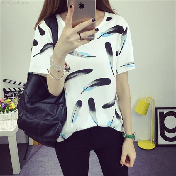 

feathers style summer print fashion short sleeve round neck cotton women t shirt casual loose camisetas feminina, White