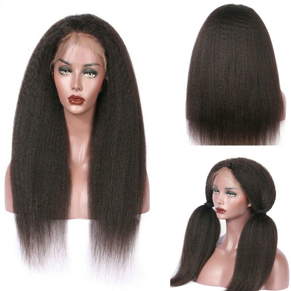 

26inch kinky straight glueless heat resistant middle part natural black synthetic lace front wig with baby hair for women, Black;brown