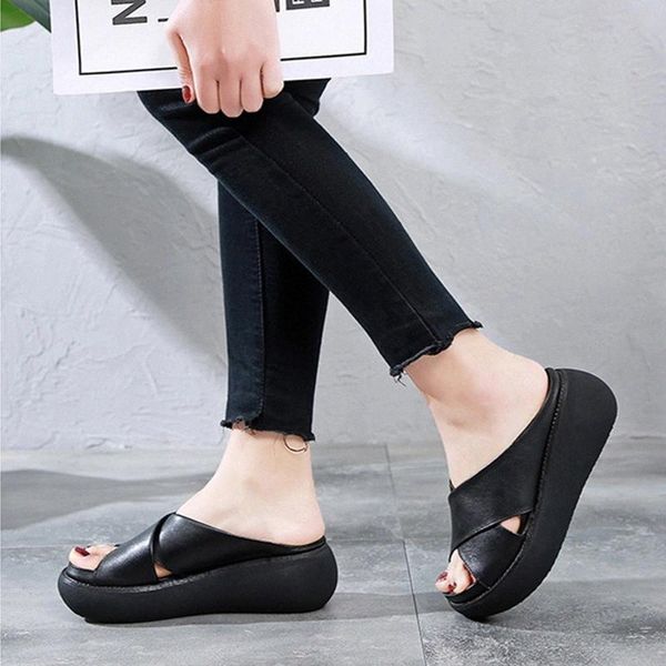 

women summer slippers soft woman shoes casual wedges cross retro ladies slippers slide fashion platform pu leather female shoes #yr4u, Black