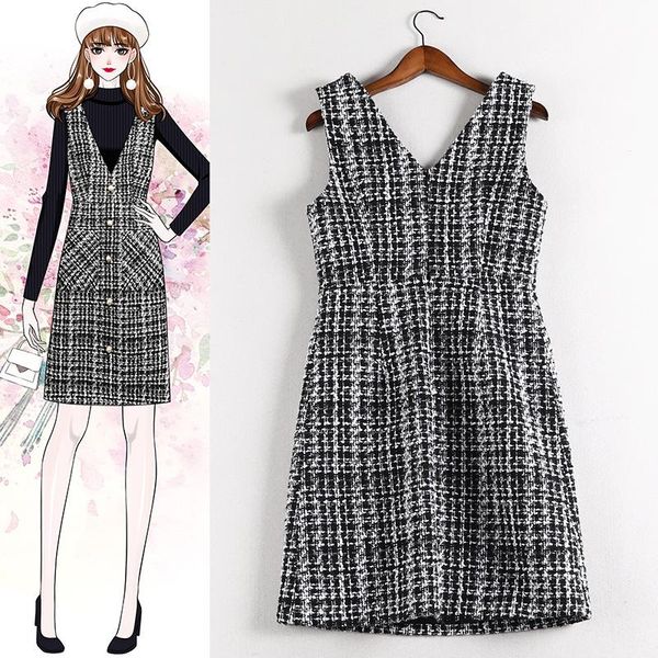 

4xl 5xl женщины 2020 осенняя зима плюс размер пледы твид платья платья без рукавов v-образным вырезом корейское третьяное платье y770, Black;gray