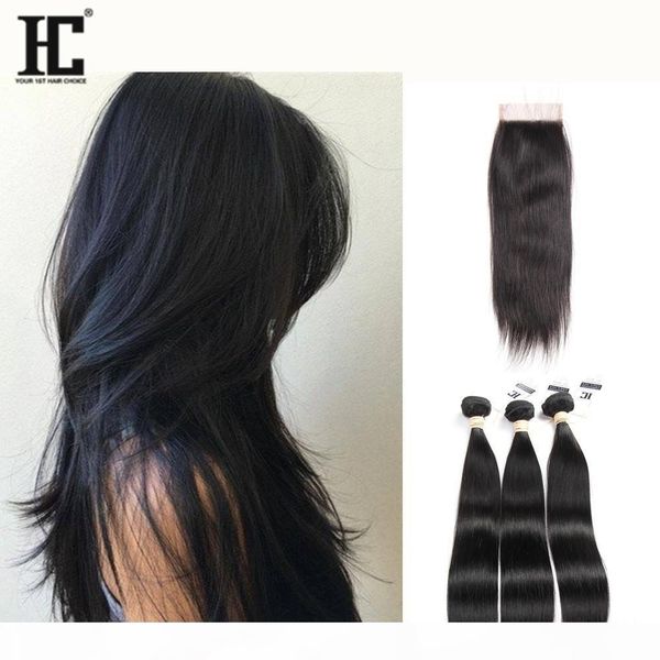 

hc brazilian virgin straight hair with closure 3 bundles human hair bundle lace closure unprocessed brazilian virgin hair with closure, Black;brown