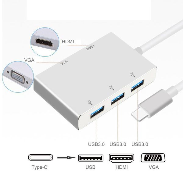 

5 in 1 usb-c to 2k hdmi 1080p vga adapter thunderbolt 3 port compatible usb 3.0 converter for