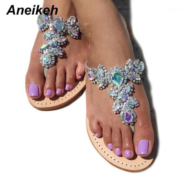 

aneikeh 2018 woman sandals women shoes rhinestones chains thong gladiator flat sandals slippers crystal chaussure plus size1, Black