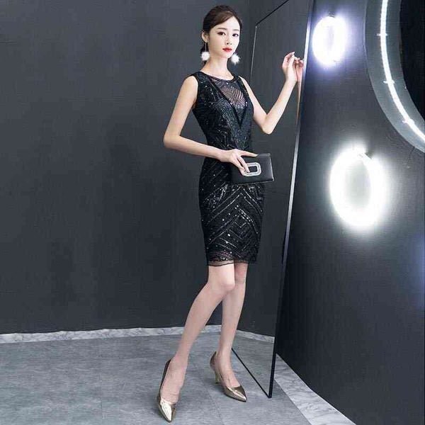 

women's clothing casual dresses korean banquet v perspective middle skirt celebrity heavy industry sequin nail bead dresses, Black;gray