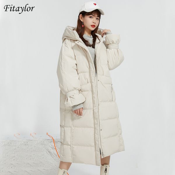 

fitaylor winter hooded puff sleeve long jacket women 90% white duck down coat loose zipper pocket overcoat new warm snow outwear 201103, Black