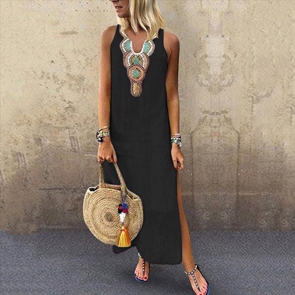 

dress women summer 2019 boho printed sleeveless maxi dresses loose ladies split hem baggy kaftan linen long dress vestidos robe, Black;gray