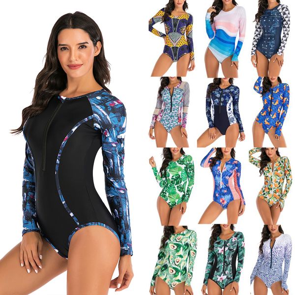 

2020 new diving one piece swimsuit print long sleeve women swimwear bathing suit rash guard surfing swimming suit rashguard t200708, White;black