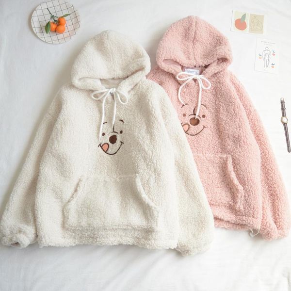 

japanese kawaii soft girl childlike cute bear embroidered pullover cotton girl student student lambskin thick coat winter coat1, Black