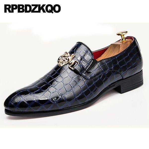

patent leather crocodile alligator snakeskin metal men blue dress shoes prom office black pointed toe snake wedding