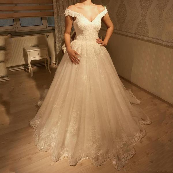 

off shoulder lace appliques wedding dresses with short sleeves appliques sequins sweep train a line wedding bridal gowns, White