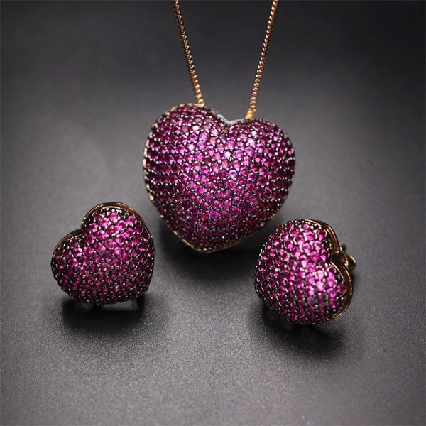 

heart shape paved micro multicolor zirconia stud earrings pendant necklaces fashion sets for women charm party jewelry 201222, Slivery;crystal