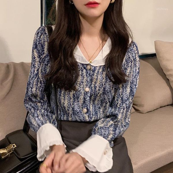 

2021 new fashion korean chic long sleeve blouse blue starry sky printed women shirts ruffle turn down collar blusas mujer1, White