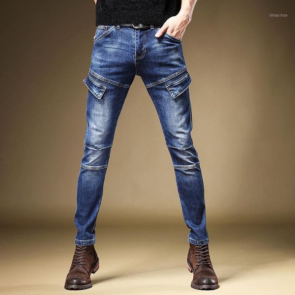 

men jeans blue straight regular fit pants fashion pockets denim trousers1