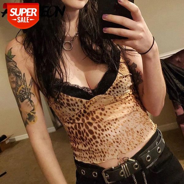 

allneon e-girl style leopard printing wild camis punk spaghetti strap lace trim crop streetwear rave outfits fashion #wx4g, White