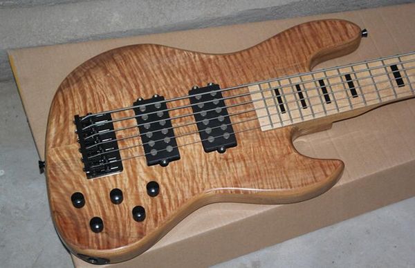 Custom 6 string Natural Quilted Maple Maple Baixo Baixo Baixo Elétrico Baixo Guitarra Corpo, Bateria de 9V, Fios ativos, Bloco Preto Inlay