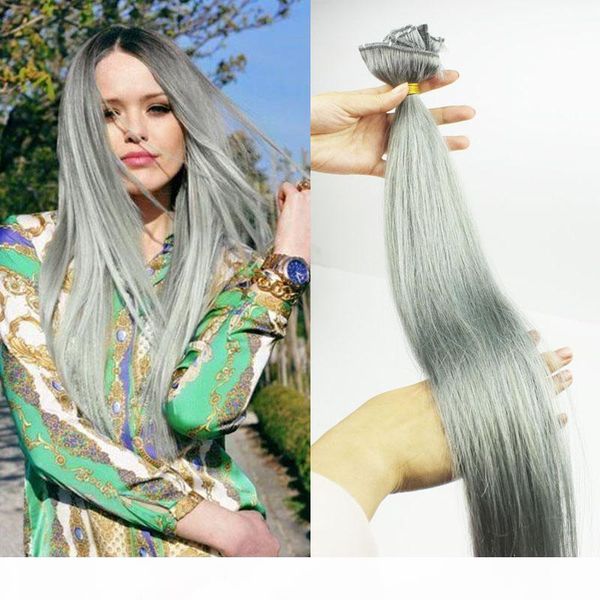 

120g brazilian clip in human hair extensions straight silver grey clip in 7pcs #gray ombre clip in hair extensions full head, Black;brown