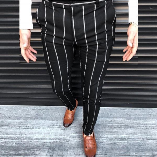 

men jogger pants fashion men casual business slim fit striped print zipper long pants trousers1, Black