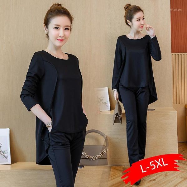 

two piece dress l-5xl 2021 autumn black blue casual women set long sleeve fake +pants suit sets plus size women's costumes1, White