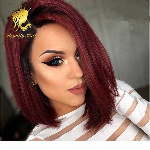 

side part 100% unprocessed 1b 99j human indian straight wig human hair glueless lace front human hair wigs for black women wholesale price, Black;brown