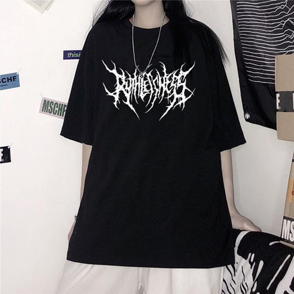 

korean style casual letter print kpop punk ulzzang tees vintage gothic harajuku loose hip hop black t shirts women, White