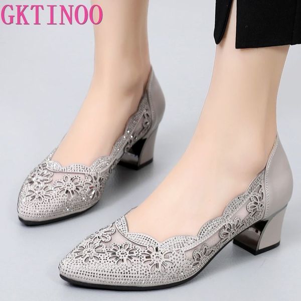

gktinoo 2020 summer fashion hollow out genuine leather pumps women shoes med heels square heel mesh ladies office shoes crystal y200702, Black