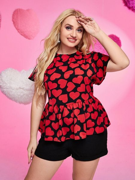 

plus heart print peplum a48w#, Black