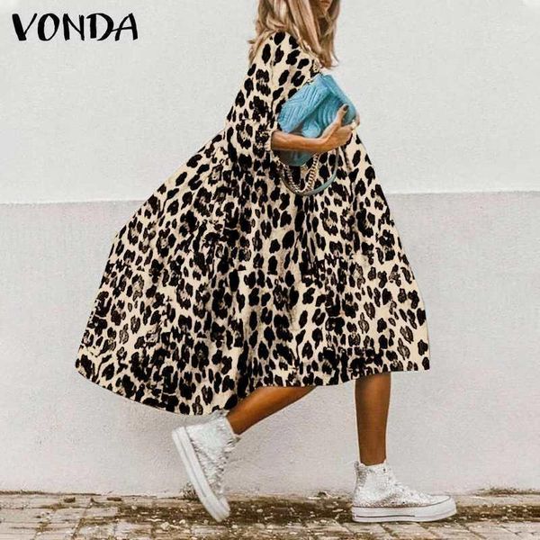 

casual dresses female leopard party baggy dress elegant print women long midi 2021 autumn summer sundress sleeve robe1, Black;gray
