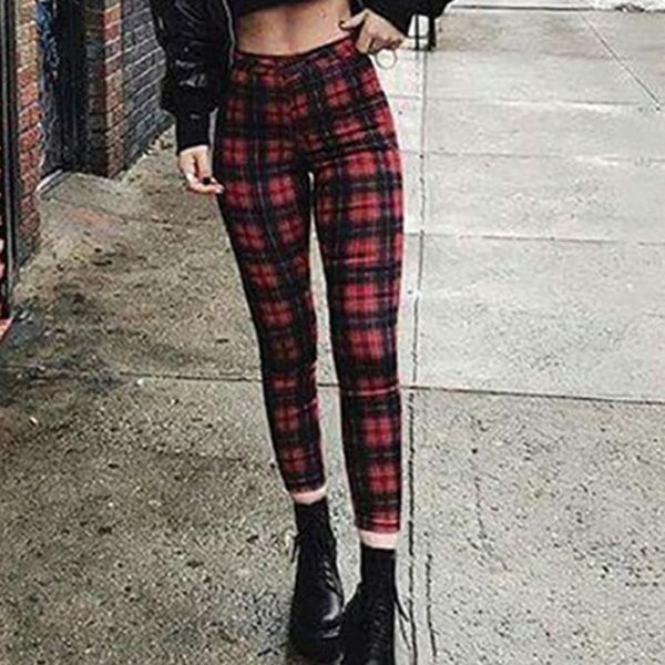 

2020 fashion pants women new lattice high waist elasticity small leg casual pants trousers in stock#pingyou, Black;white