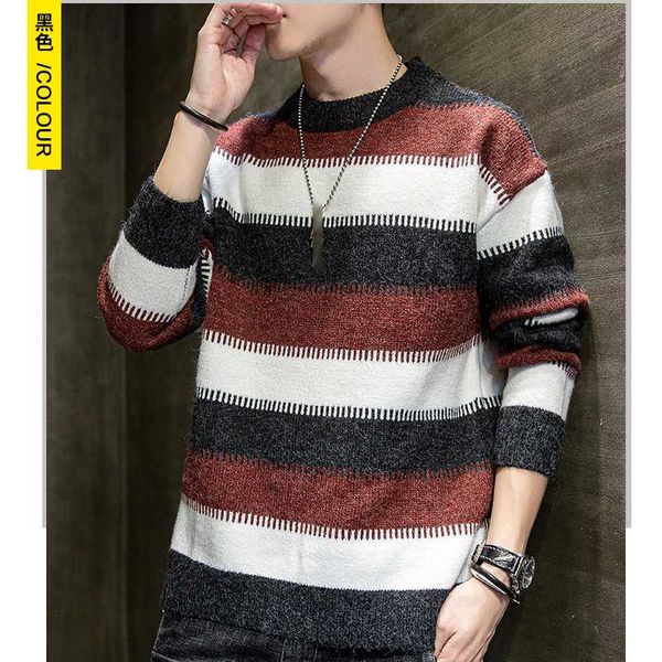 

autumn and winter new men sweater warm korean striped contrast knitted fashion round neck pullovers male casual loose top, White;black