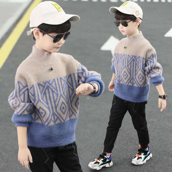 

autumn boys' spring sweater wear 2020 new children's pullover with and thickened mink cashmere high collar 9p7i, Blue