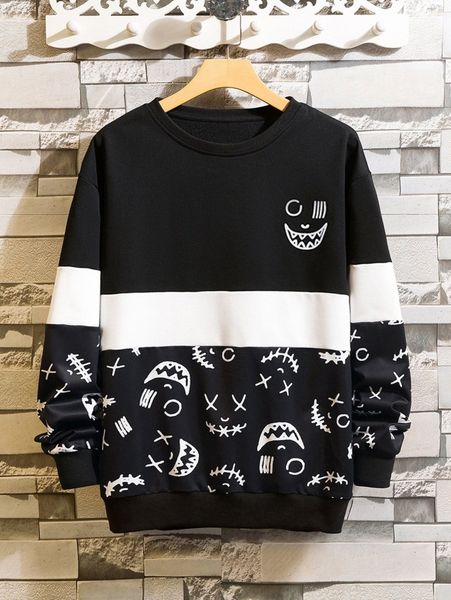 

men colorblock expression print drop shoulder pullover a26i#, Black
